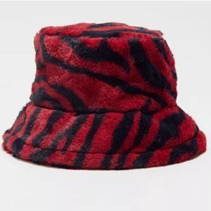 Urban Outfitters Red & Black Zebra Print Faux Fur Bucket Hat NWT